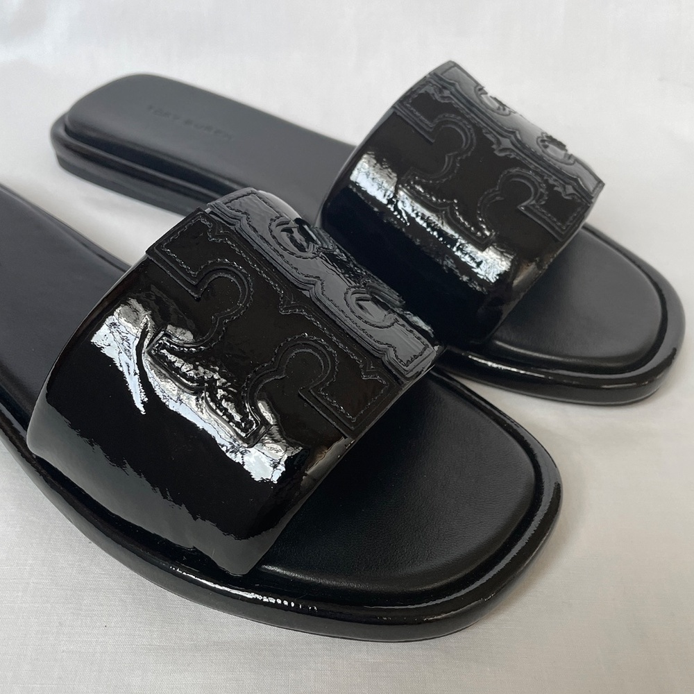 Tory Burch Double T Sport Slide Patent Leather Black 7 - Picture 7 of 11